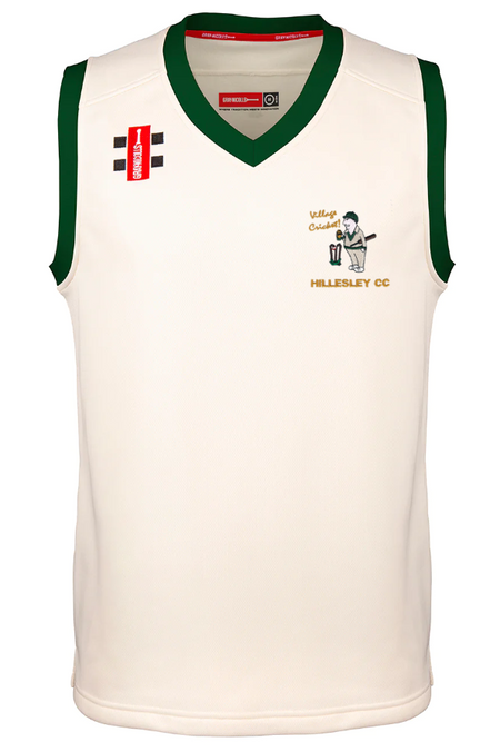 The Hillesley CC Pro Performance Slipover Green Trim by Gray Nicolls is a sleeveless cream slipover with green trim, featuring a cartoon cricketer, Village Cricket and Hillesley CC text on the chest, plus two rectangular logos on the shoulders.