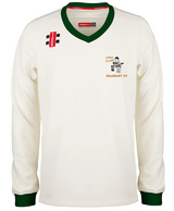 The Gray Nicolls Hillesley CC Pro Performance Sweater features green-trimmed collar and cuffs, embroidered Hillesley CC and cricket player logos, and advanced wicking for comfort.