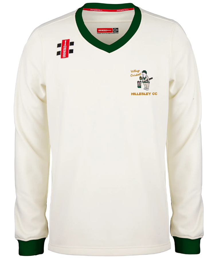 The Gray Nicolls Hillesley CC Pro Performance Sweater features green-trimmed collar and cuffs, embroidered Hillesley CC and cricket player logos, and advanced wicking for comfort.