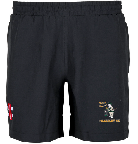 The Hillesley CC Black Training Shorts by Gray Nicolls feature an elastic waistband, a small embroidered cricket motif with Hillesley CC on the right leg, and a red and white logo patch on the left—ideal for cricket training.