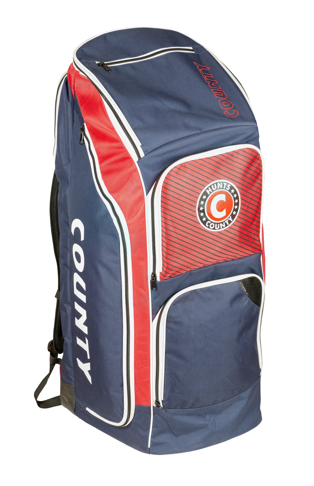 The Hunts County Clipper Duffle Cricket Bag by Hunts County comes in red and features COUNTY on the side, a front circular logo, multiple compartments, zippered top, and a padded bat compartment for protection.