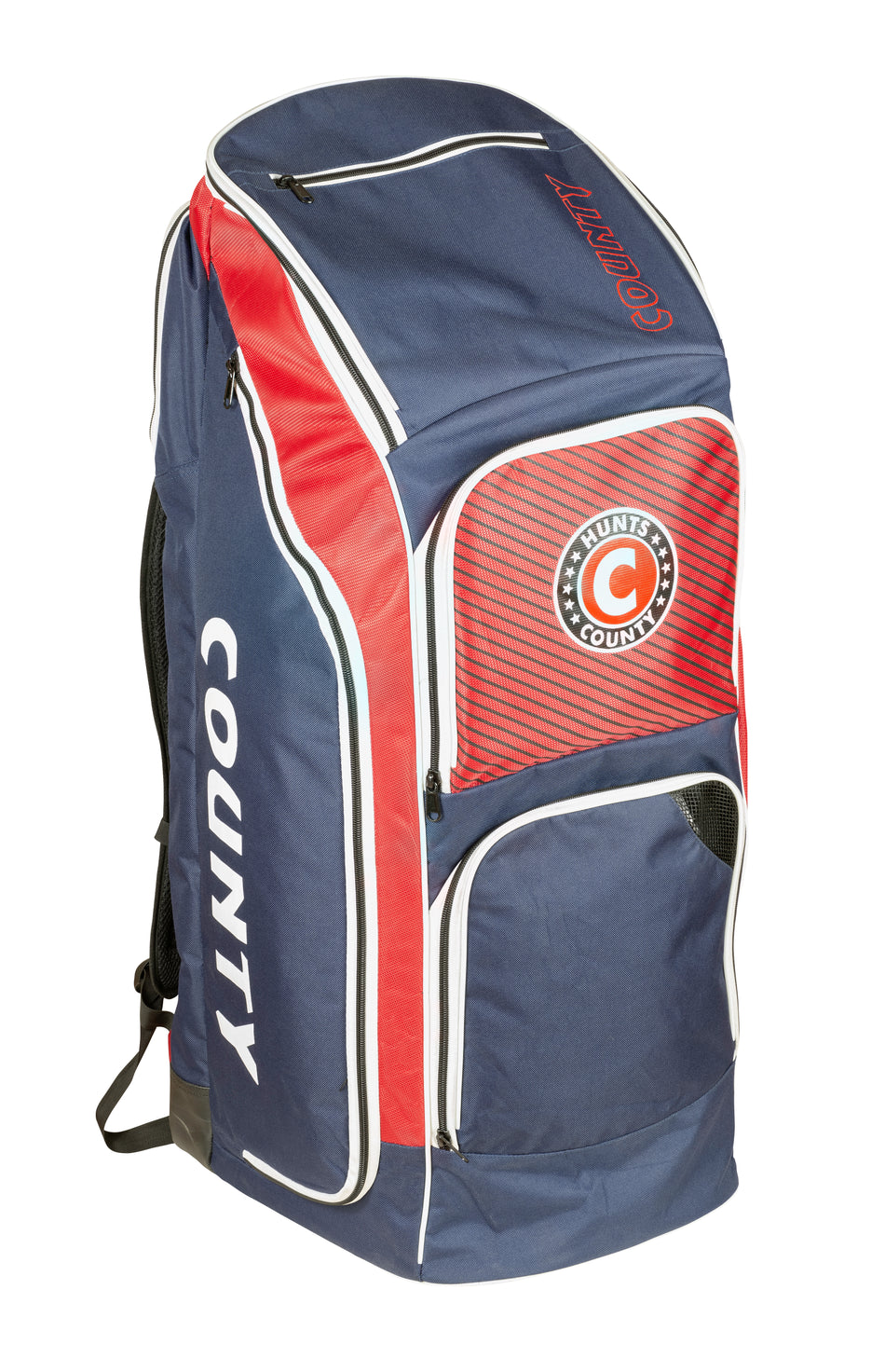 The Hunts County Clipper Duffle Cricket Bag by Hunts County comes in red and features COUNTY on the side, a front circular logo, multiple compartments, zippered top, and a padded bat compartment for protection.
