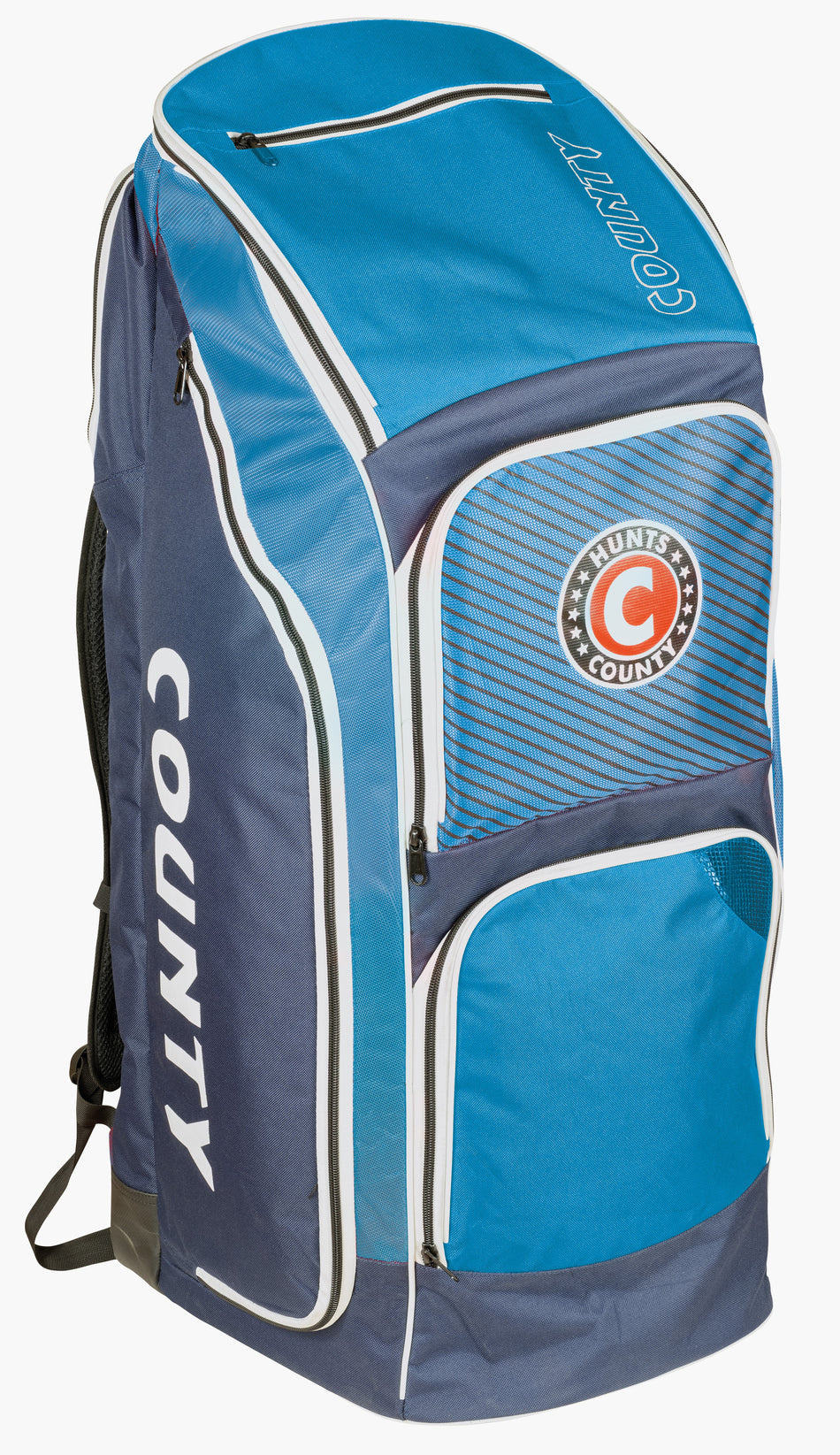 The Hunts County Clipper Duffle Cricket Bag by Hunts County is a large blue bag featuring COUNTY printed on the side, a circular front pocket logo, several zippered compartments, black shoulder straps, and a padded bat compartment.