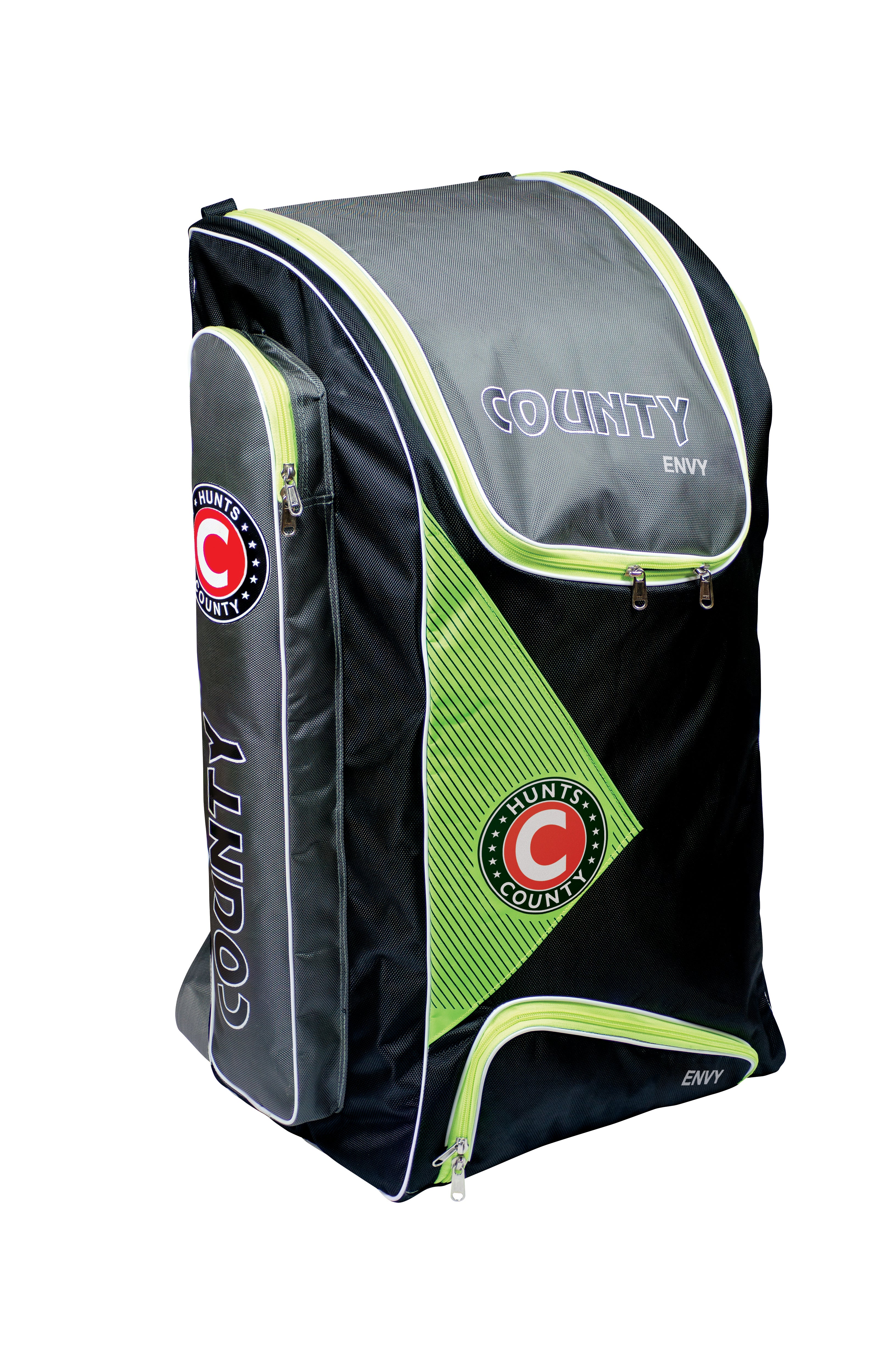 The Hunts County Envy Duffle is a large black and green cricket bag by Hunts County, with "COUNTY" and "ENVY" printed on it, side bat pockets, front zippered pockets, and a circular logo—ideal for cricketers.