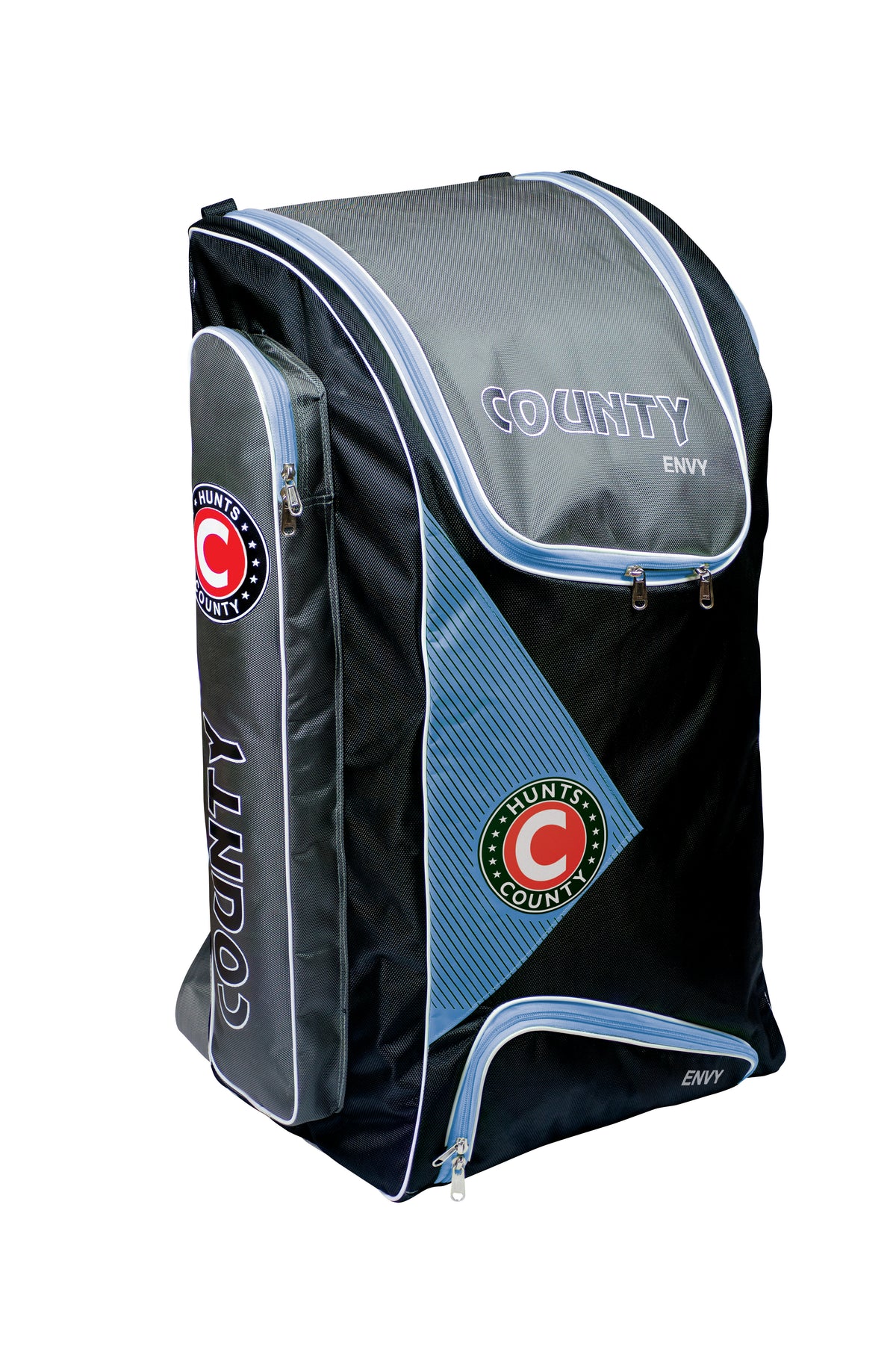 The Hunts County Envy Duffle is a large black and gray cricket bag with blue accents, COUNTY branding, multiple zippered compartments, bat pockets, and a sturdy upright design.