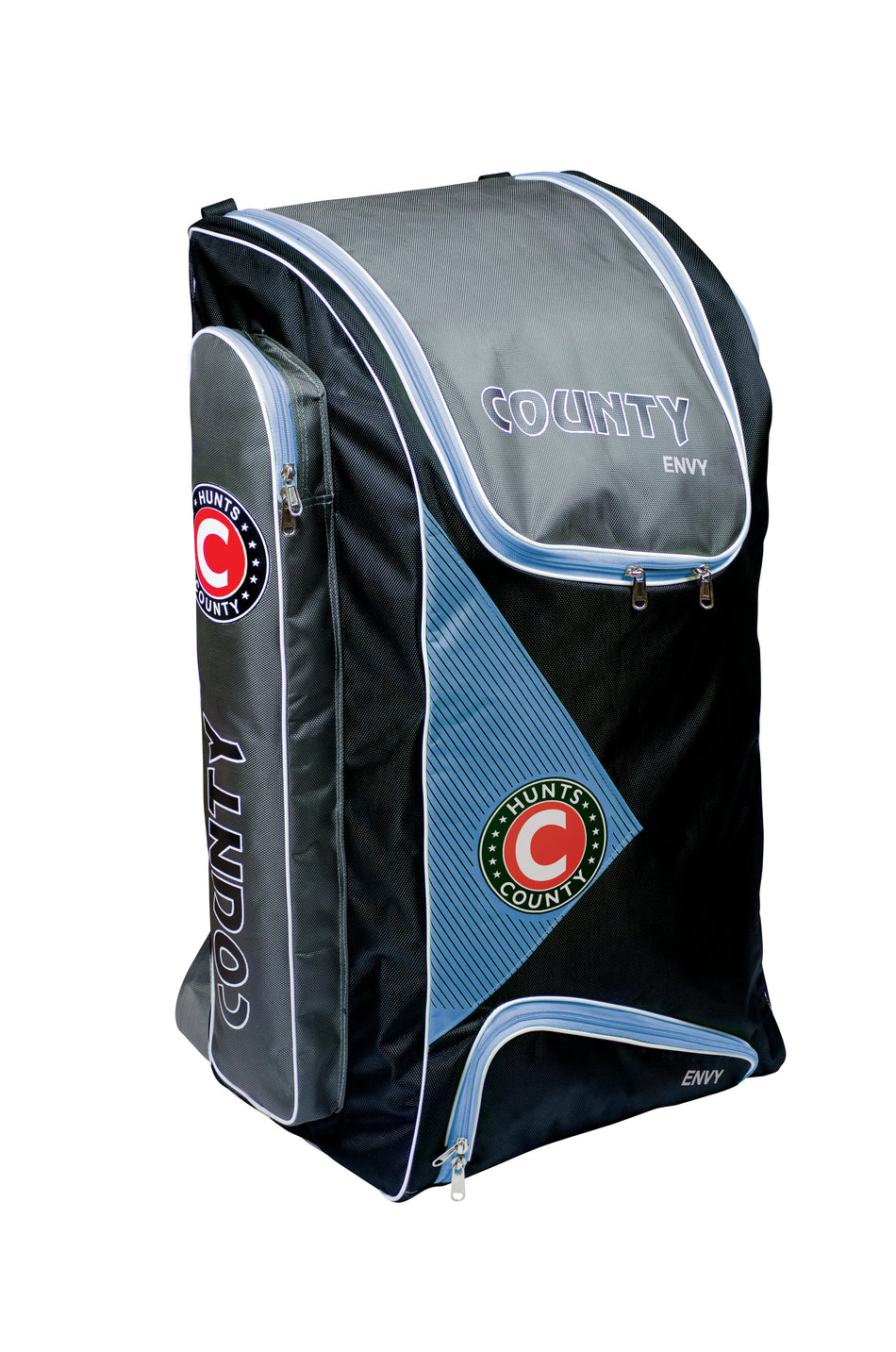 The Hunts County Envy Duffle is a large black and gray cricket bag with blue accents, COUNTY branding, multiple zippered compartments, bat pockets, and a sturdy upright design.