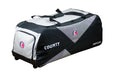 The Hunts County Reflex Wheeled Holdall is a spacious black and white sports bag with convenient top handles, wheels for easy transport, COUNTY and REFLEX branding, and a red-blue circular logo—ideal as a cricket bag or travel holdall.