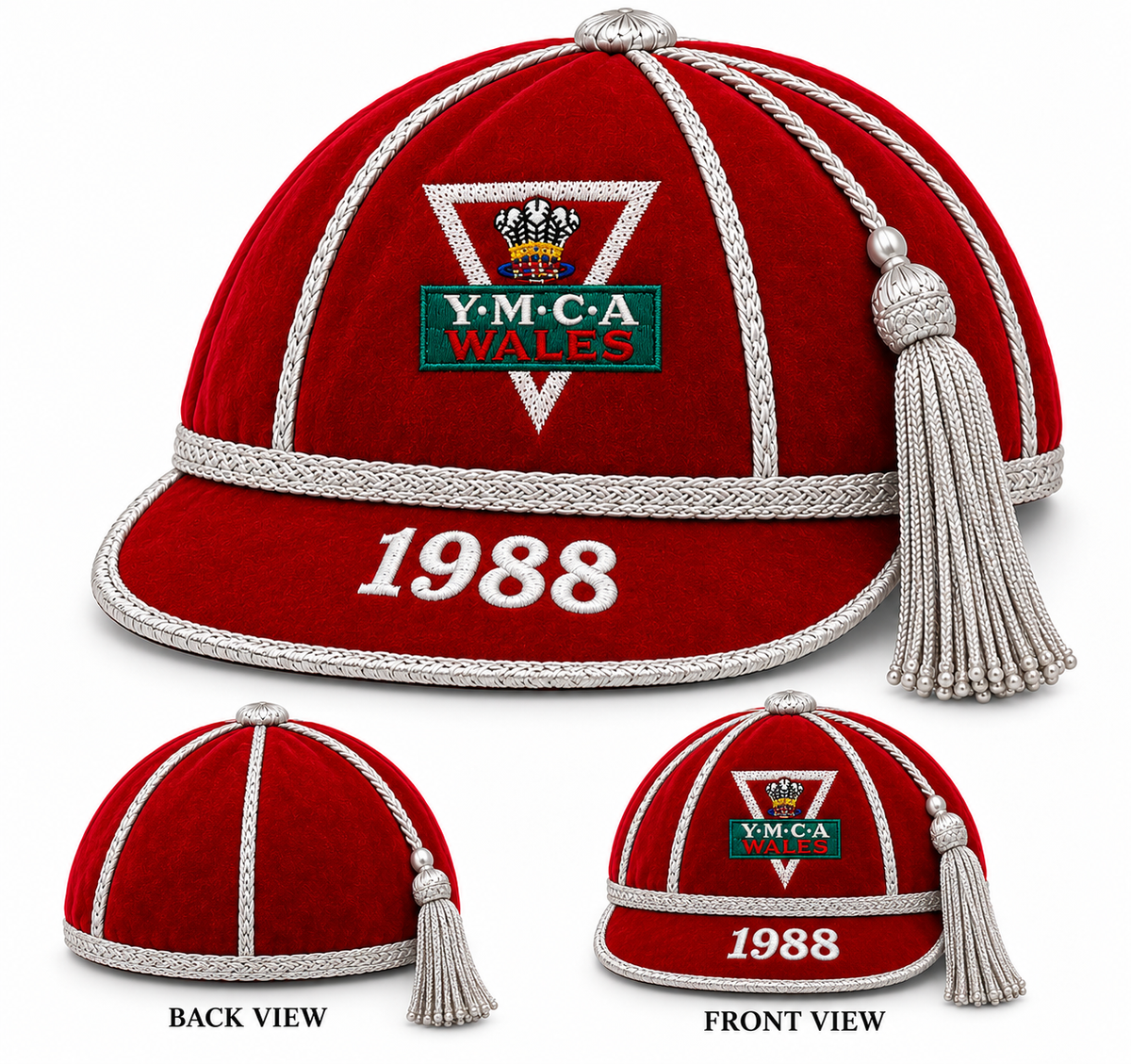 Martin Berrill Sports red velvet honour cap with silver trim and tassel, featuring a Y.M.C.A. Wales emblem and the embroidered year 1988 on the front.