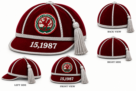 Maroon Custom, Honour & Commemorative Cap with silver piping, a silver tassel, and an embroidered Welsh Schools Football Association crest featuring a red dragon, with 15,1987 stitched on the brim.