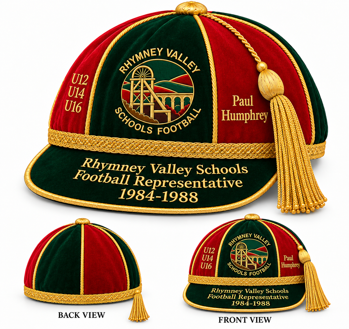 Front and back view of a Custom, Honour & Commemorative Cap by Martin Berrill Sports, featuring green and red panels, gold embroidery, a central mine headgear emblem, and a side tassel.