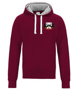 The Huntley CC Adult Hoody by Martin Berrill Sports is a maroon cricket hoodie featuring a light gray hood lining, white drawstrings, and a colorful crest with black and gold on the left chest—perfect for club supporters.