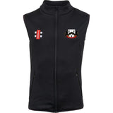 The Huntley CC Black Storm Bodywarmer by Gray Nicolls is a sleeveless zip-up vest with two front pockets, an embroidered lions and shield crest on the left chest, and a red and white Huntley CC logo on the right chest.