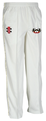 The Gray Nicolls Huntley CC Matrix V2 Match Trousers (Ladies) feature an elastic waistband, red/black patch and lion crest, plus yellow piping—ideal for any women’s cricket trouser collection.