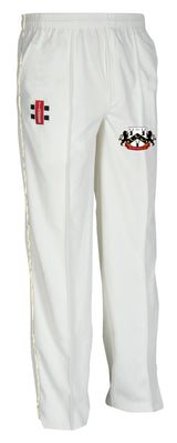 The Huntley CC Matrix V2 Match Trousers (Adult) by Gray Nicolls are white cricket trousers with an elastic waistband, two embroidered thigh logos—including a crest with black lions and red accents—and moisture control for comfort.