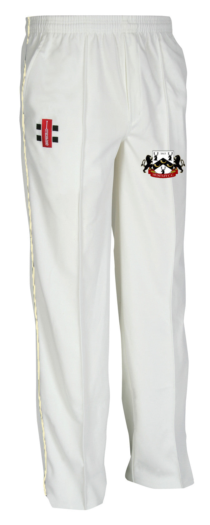 The Huntley CC Matrix V2 Match Trousers (Adult) by Gray Nicolls are white cricket trousers with an elastic waistband, two embroidered thigh logos—including a crest with black lions and red accents—and moisture control for comfort.