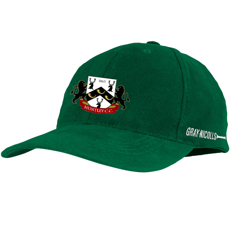 The Huntley CC Pro Fit Cap by Gray Nicolls is a green cap with a vibrant club logo, lions, and "1863 HUNTLEY C.C." on the front, plus GRAY-NICOLLS in white on the side—a stylish cricket cap for any supporter.