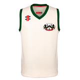 The Gray Nicolls Huntley CC Pro Performance Slipover (Adult) is a white sleeveless top with green trim, Burnley C.C. lion crest on the chest, and two rectangular sponsor logos on the right shoulder for a professional look.