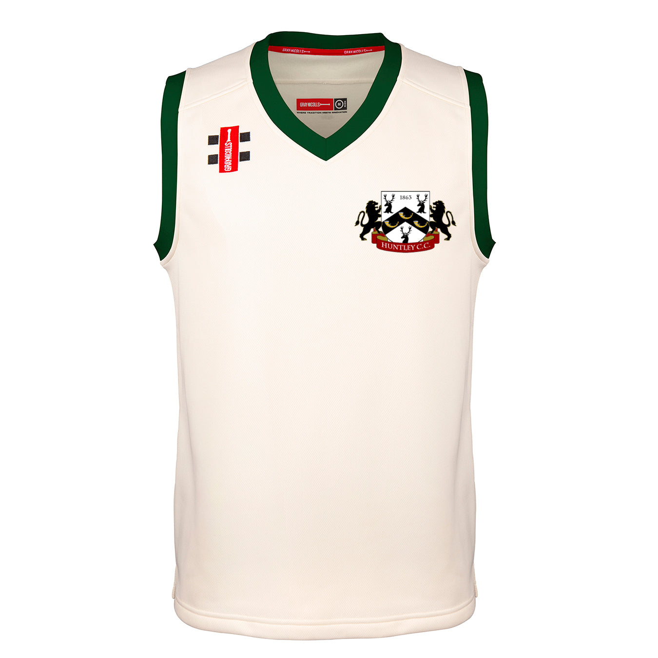 The Gray Nicolls Huntley CC Pro Performance Slipover (Adult) is a white sleeveless top with green trim, Burnley C.C. lion crest on the chest, and two rectangular sponsor logos on the right shoulder for a professional look.