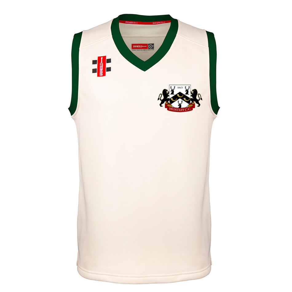 The Gray Nicolls Huntley CC Pro Performance Slipover (Adult) is a white sleeveless top with green trim, Burnley C.C. lion crest on the chest, and two rectangular sponsor logos on the right shoulder for a professional look.