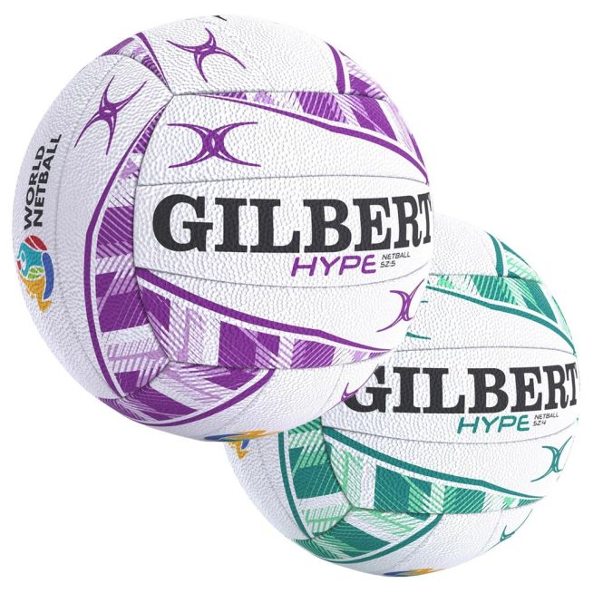 Two Gilbert Hype Match Netballs by Gilbert—one in purple and white, one in green and white—both featuring geometric patterns and the World Netball logo. Perfect as official match balls.