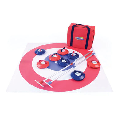The Mastersport New Age Kurling Competition Set includes red and blue stones, two push brooms, a target mat, and a red carrying bag—everything needed for the game—shown on a white background.