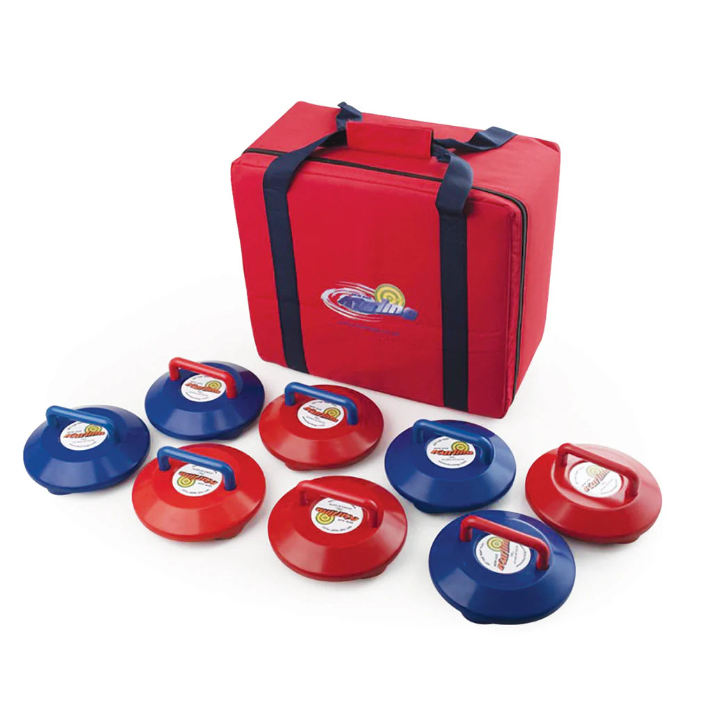 A red carrying case behind eight plastic curling stones—four blue, four red—sits on a white surface. Each stone has a handle and round label. The Mastersport New Age Kurling Starter Set is perfect for introducing this inclusive sport.