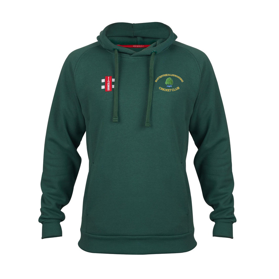 The Bartestree & Lugwardine CC Velocity Hoodie by Gray Nicolls is green, made from sustainable cotton, features a front pocket, Club Logo on the left chest, and a small red and white emblem on the right chest.