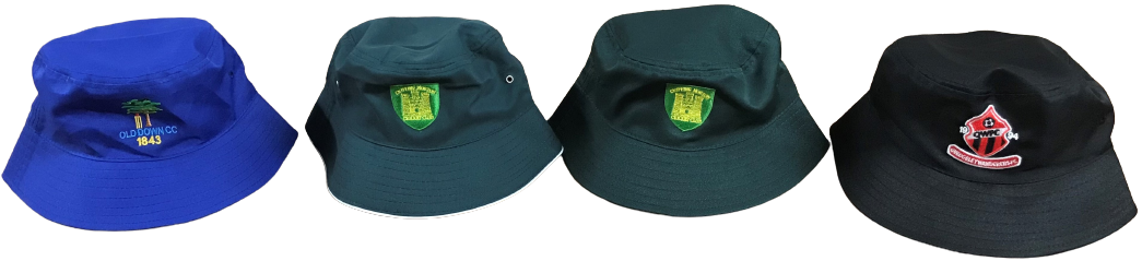 Four Martin Berrill Sports Breathable Bucket Hats—crafted from durable polyester twill—in royal blue with a yellow logo, two dark green with yellow-green badges, and black with a red and white patch, all on a white background.