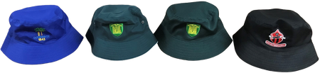 Four Brushed Sports Twill Bucket Hats by Martin Berrill Sports: blue with palm tree and 1841 logo, two dark green with yellow crest patches, and one black with a red and white embroidered crest.