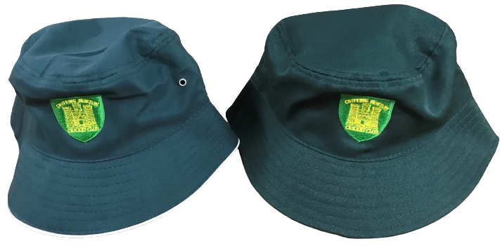 Two dark green "Breathable Bucket Hat" by Martin Berrill Sports, made of polyester twill, feature yellow and green embroidered Central Pretoria Primary School badges on the front, a small metal eyelet on one side, and are customizable.