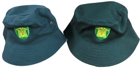 Two Brushed Sports Twill Bucket Hats from Martin Berrill Sports in dark green feature a custom logo with yellow and green embroidered crest patches and the words "Central Baptist Church College" on the front.