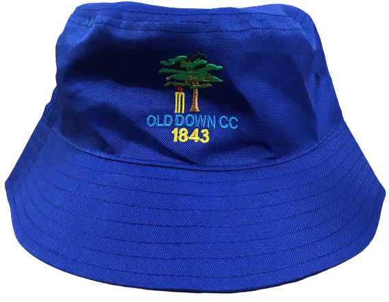 The Breathable Bucket Hat by Martin Berrill Sports is made from royal blue polyester twill and features embroidered "OLDDOWN CC 1843" text plus a tree beside a yellow structure on the front.