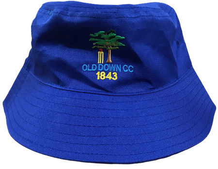 The Breathable Bucket Hat by Martin Berrill Sports is made from royal blue polyester twill and features embroidered "OLDDOWN CC 1843" text plus a tree beside a yellow structure on the front.