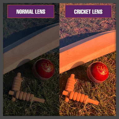 Side-by-side comparison of a cricket bat, ball, and bails photographed with a normal lens (left) and the Sunwise Kennington Black with Cricket Lens (right), showing brighter, more vibrant colors on grass.