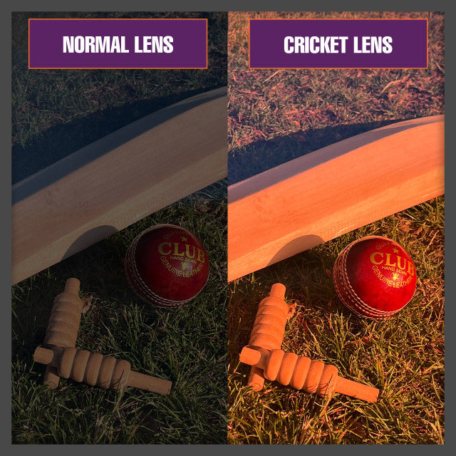 Side-by-side comparison of a cricket bat, ball, and bails photographed with a normal lens (left) and the Sunwise Kennington Black with Cricket Lens (right), showing brighter, more vibrant colors on grass.