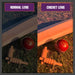 Side-by-side comparison of a cricket bat, ball, and bails photographed with a normal lens (left) and the Sunwise Kennington Black with Cricket Lens (right), showing brighter, more vibrant colors on grass.