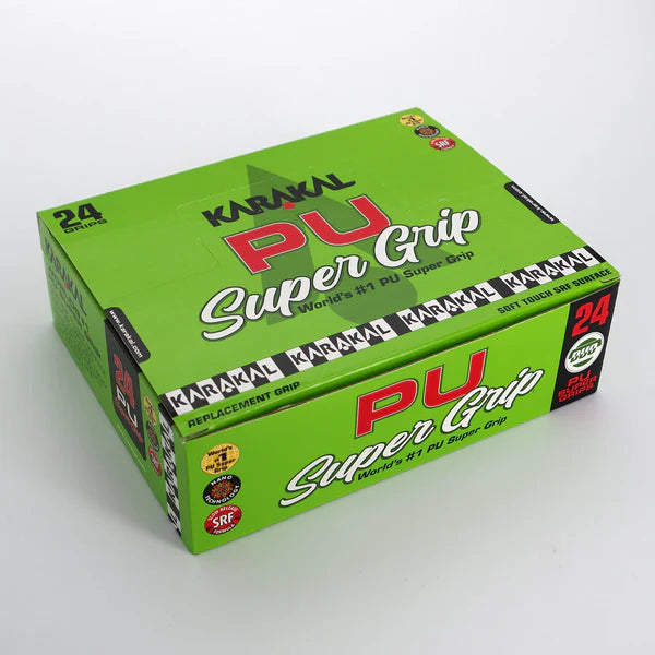 A green box of Karakal PU Super Grip - Duo, containing 24 assorted replacement grips for racket sports. The box features the Karakal brand and product details in white, red, and black text.