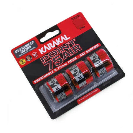 A retail pack with three red Karakal Point 75 Air Overwrap Grips. These 0.75mm cushioned grips offer breathable, tacky surfaces for improved comfort and racket control.