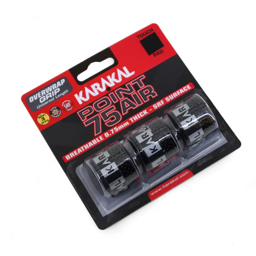 A pack of three black Karakal Point 75 Air Overwrap Grips offers tacky, breathable, and cushioned 0.75 mm grips for rackets, featuring bold red and black Karakal branding and product details on the packaging.