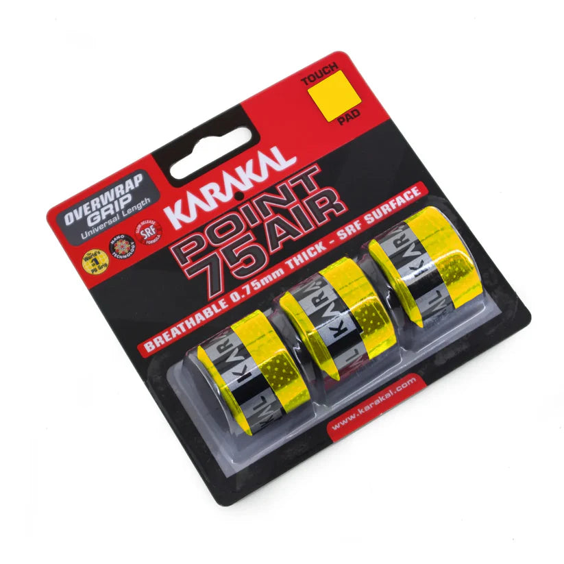 Three yellow Karakal Point 75 Air Overwrap Grip packs offer cushioned, breathable 0.75mm overgrips for sports rackets. The black and red packaging highlights features for a tacky racket grip by Karakal.
