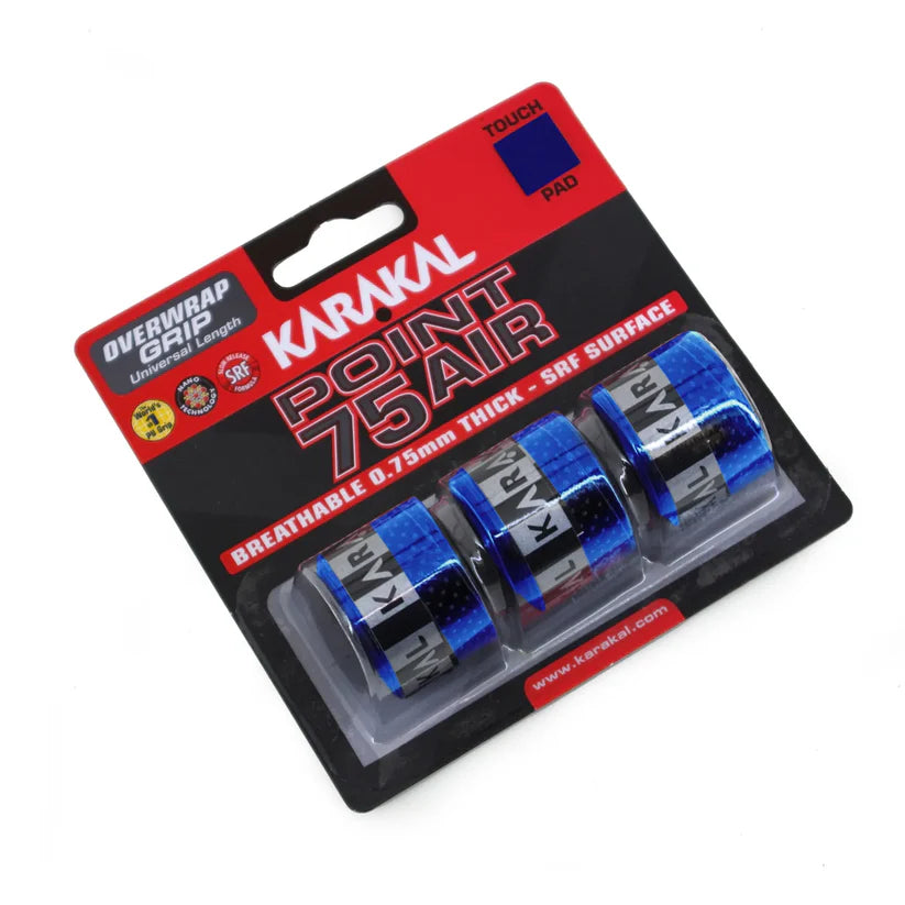 Three blue Karakal Point 75 Air Overwrap Grips, each 0.75mm thick with a cushioned, breathable SRF surface for ultimate tacky grip, are packaged on a black and red card.