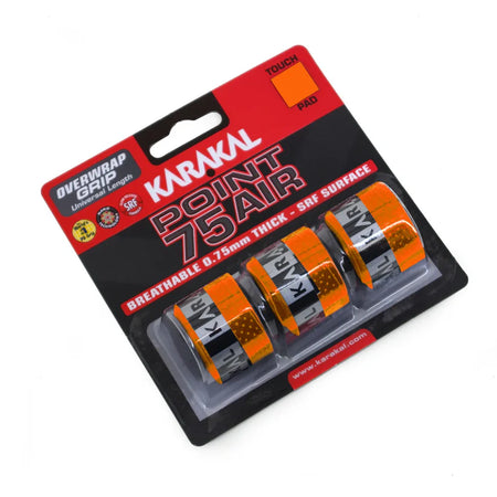 Three orange Karakal Point 75 Air Overwrap Grips are shown in plastic packaging, highlighting breathability, SRF surface, 0.75mm thickness, and a cushioned overgrip for extra tack and comfort.