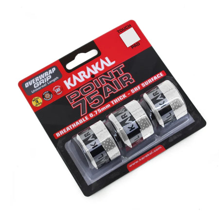 The Karakal Point 75 Air Overwrap Grip by Karakal, in white, offers a breathable, cushioned overgrip just 0.75mm thick with a tacky feel for enhanced control—ideal for sports equipment.