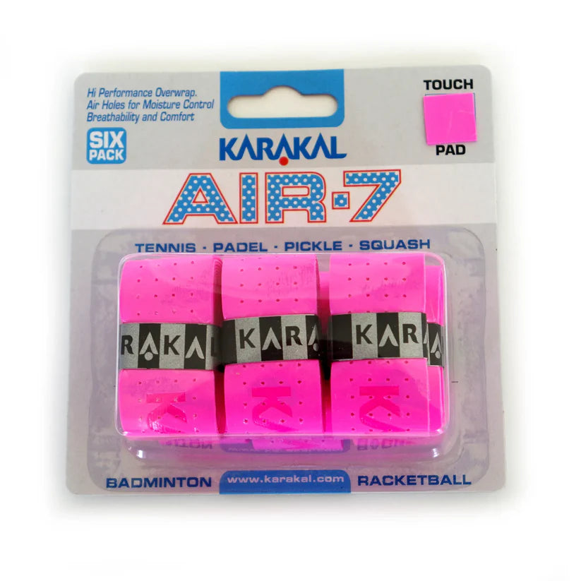 The Karakal Air-7 Overwrap Racket Grip – 6 Pack in Pink offers superior moisture control for tennis, padel, pickleball, squash, badminton, and racketball; features TOUCH PAD text.