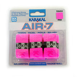 The Karakal Air-7 Overwrap Racket Grip – 6 Pack in Pink offers superior moisture control for tennis, padel, pickleball, squash, badminton, and racketball; features TOUCH PAD text.