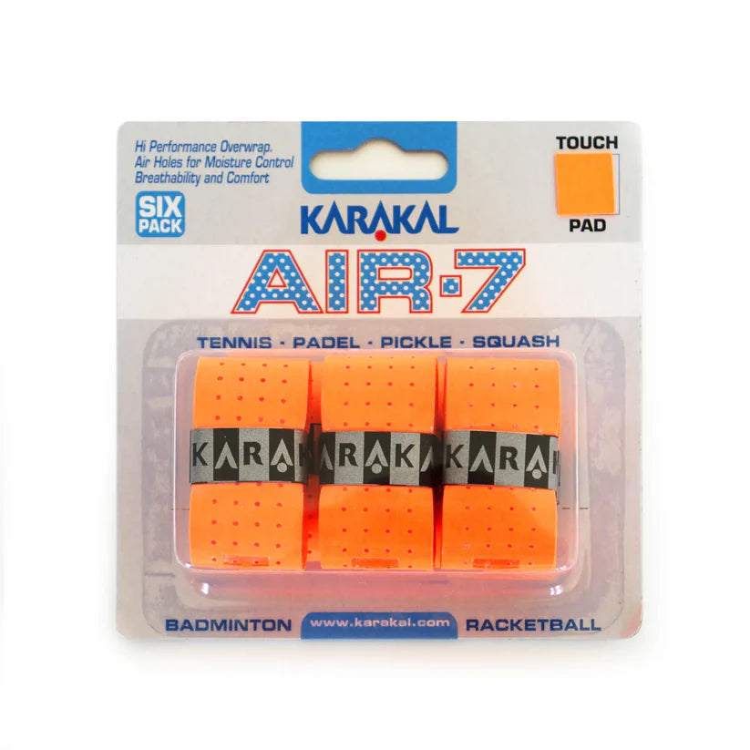 The Karakal Air-7 Overwrap Racket Grip – 6 Pack features orange grips for various racket sports. These perforated grips by Karakal provide excellent moisture control and come secured with a black band.