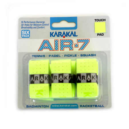The Karakal Air-7 Overwrap Racket Grip – 6 Pack in lime green offers moisture control for tennis, padel, pickleball, squash, badminton, and racquetball; six grips by Karakal come in a clear plastic package.