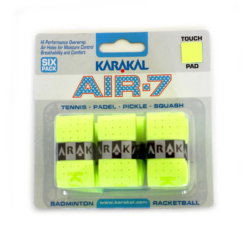 The Karakal Air-7 Overwrap Racket Grip – 6 Pack in lime green offers moisture control for tennis, padel, pickleball, squash, badminton, and racquetball; six grips by Karakal come in a clear plastic package.