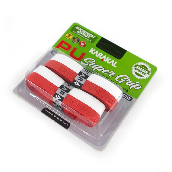 A pack of two Karakal PU Super Grip Duo replacement grips for racket handles in red and white, from Karakal.