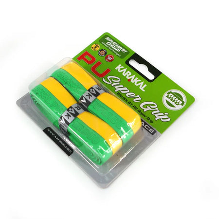 A Karakal PU Super Grip Duo pack of two overgrips—yellow and green—by Karakal, shown on a white background.